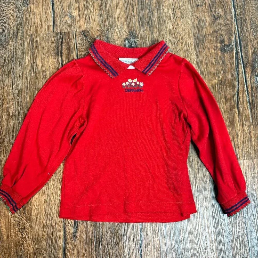Vtg 1980's Osh Kosh B'Gosh red collared embroidered flower top